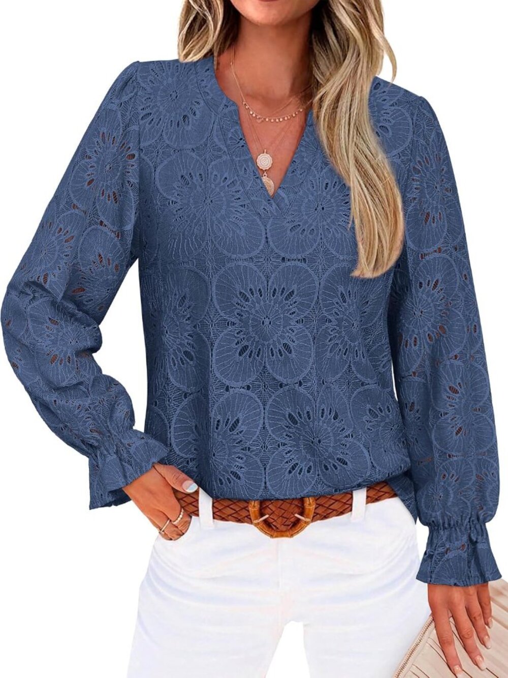 Womens Blouses V Neck Eyelet Lace Tops with Lining 2026 Fall Fashion